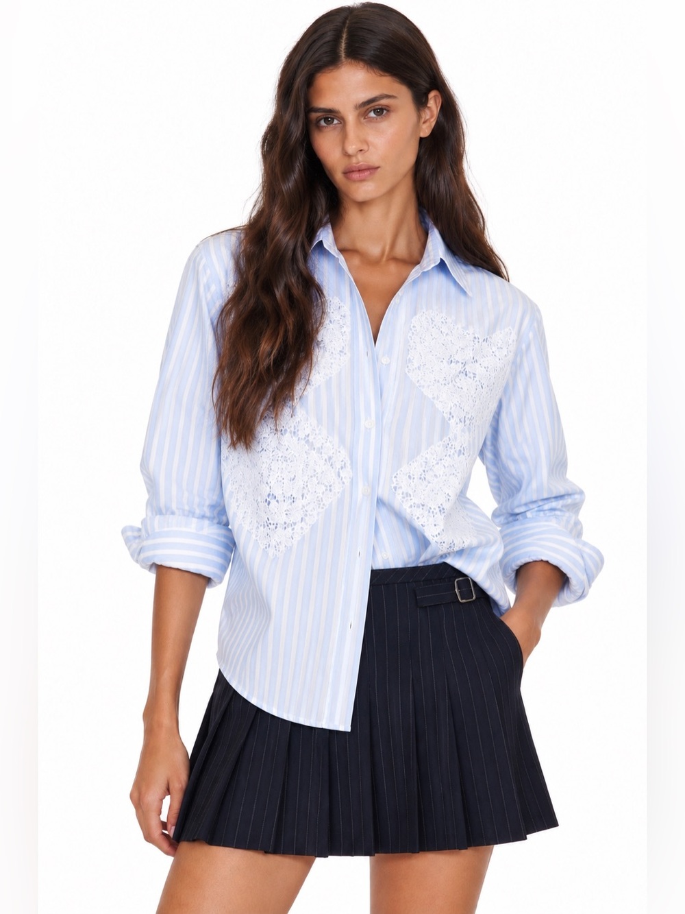 NWOT Sézane x Andión Maxy Shirt Pale Blue Stripe Embroidered | US 2/XS (FR 34)